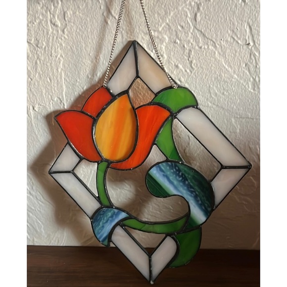 💐✨Vintage Handmade Floral Stained Glass Tulip Flower Art Hanging Piece✨💐 - Picture 3 of 4